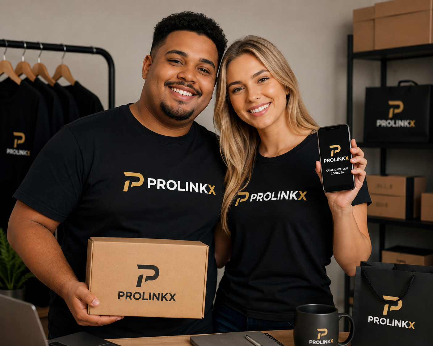 Casal com camisetas pretas e produtos personalizados Prolinkx
